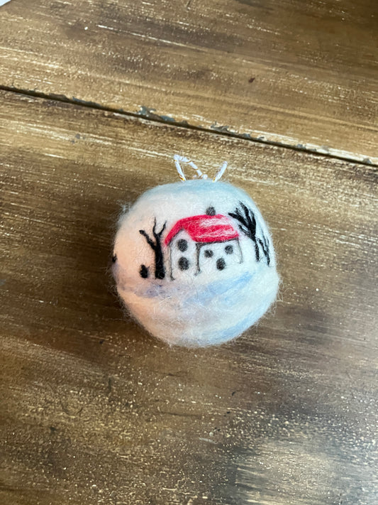 Snowy House Ball Needle Felted Ornament